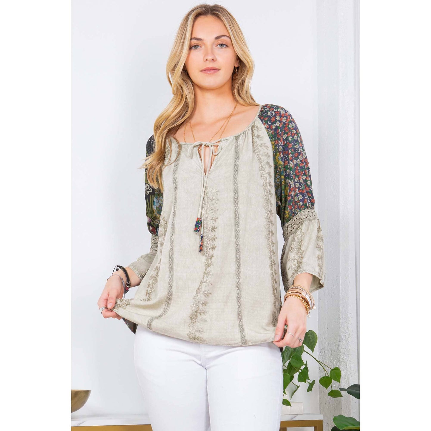 Olive overdyed rayon boho peasant top with embroidery and lace, photo 2 of 7