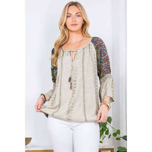 Olive overdyed rayon boho peasant top with embroidery and lace, photo 2 of 7