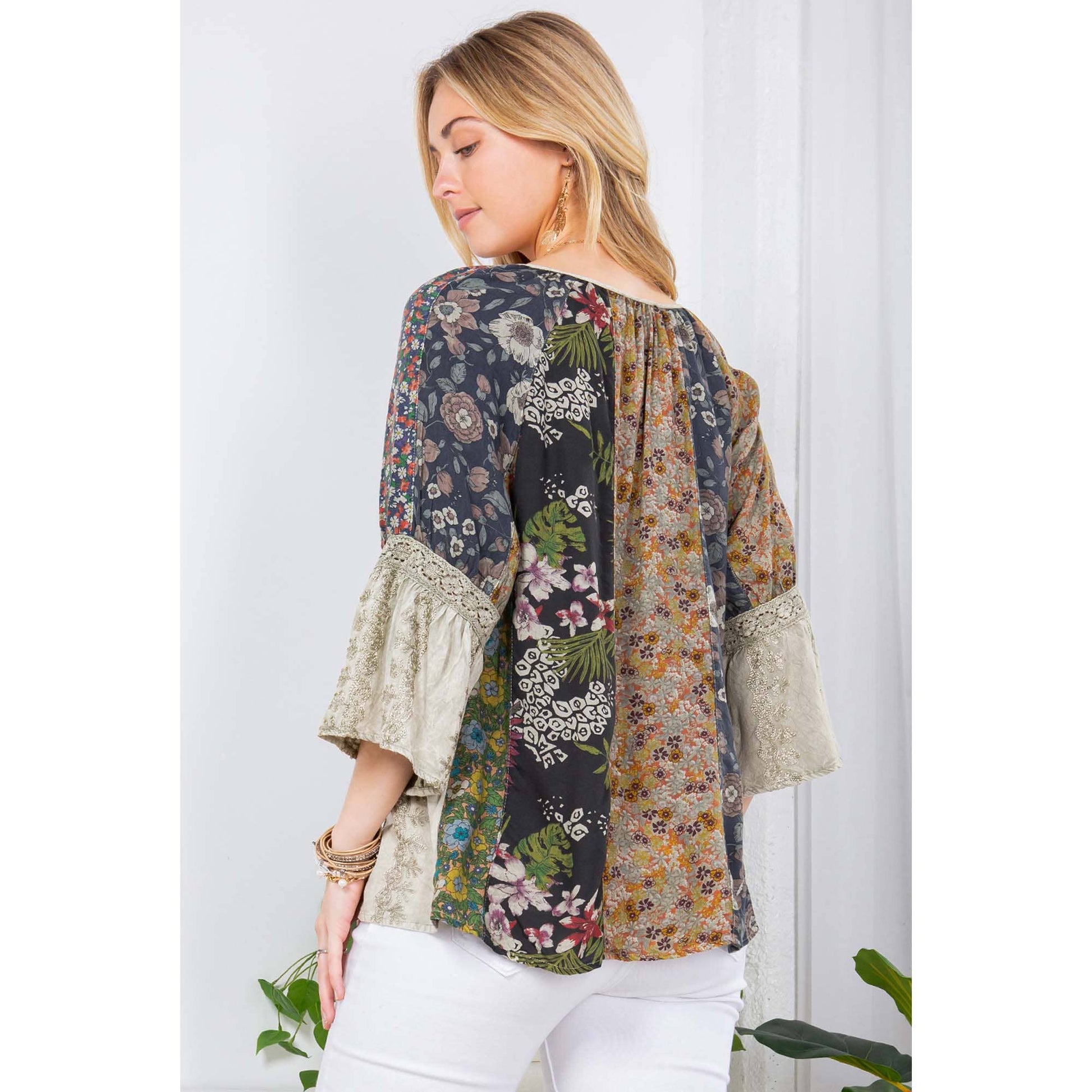 Olive overdyed rayon boho peasant top with embroidery and lace, photo 3 of 7