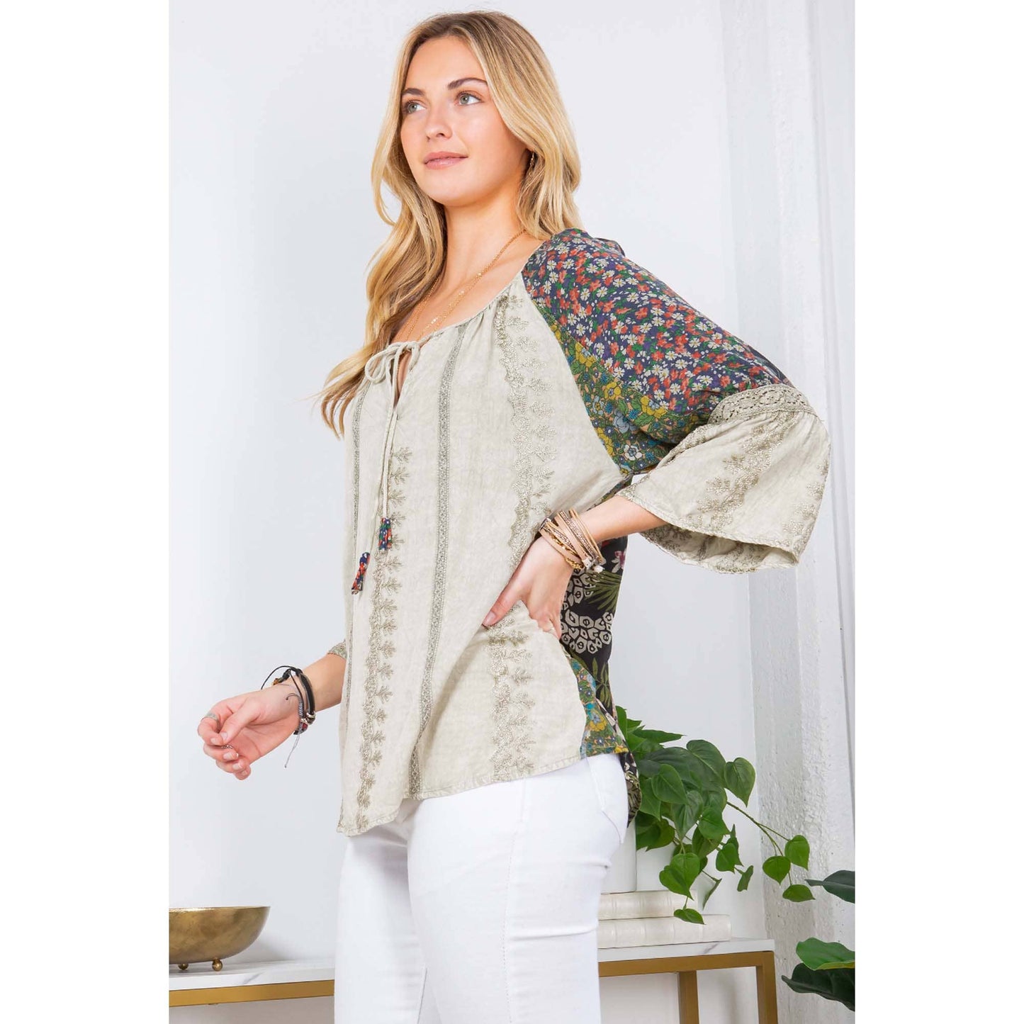 Olive overdyed rayon boho peasant top with embroidery and lace, photo 4 of 7