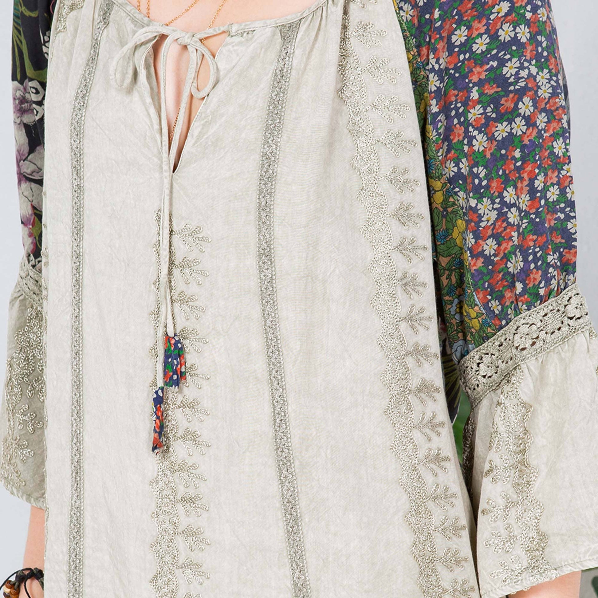 Olive overdyed rayon boho peasant top with embroidery and lace, photo 5 of 7