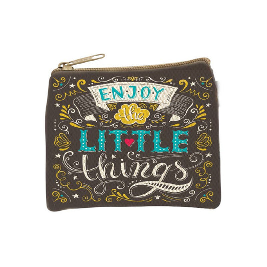 Dark canvas zip coin purse with enjoy the little things in bold turquoise and yellow lettering inside a decorative frame