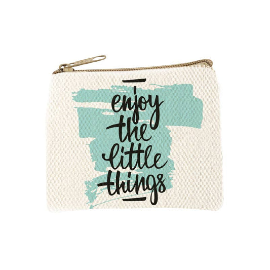 Cream canvas zip coin purse with enjoy the little things in soft handwritten script over loose teal watercolor brush strokes