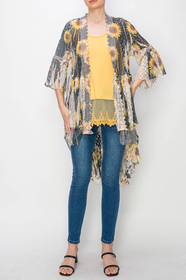 Black tiered high-low lace kimono cardigan with sunflower motif by Origami Apparel