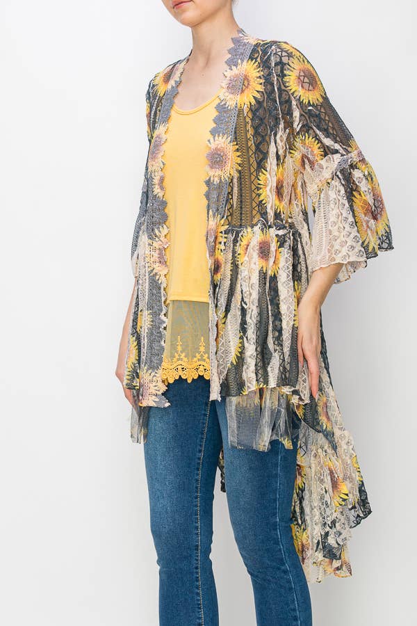 Black tiered high-low lace kimono cardigan with sunflower motif, photo 2 of 4