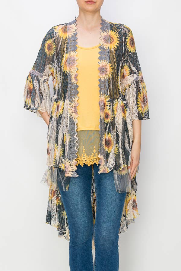 Black tiered high-low lace kimono cardigan with sunflower motif, photo 3 of 4