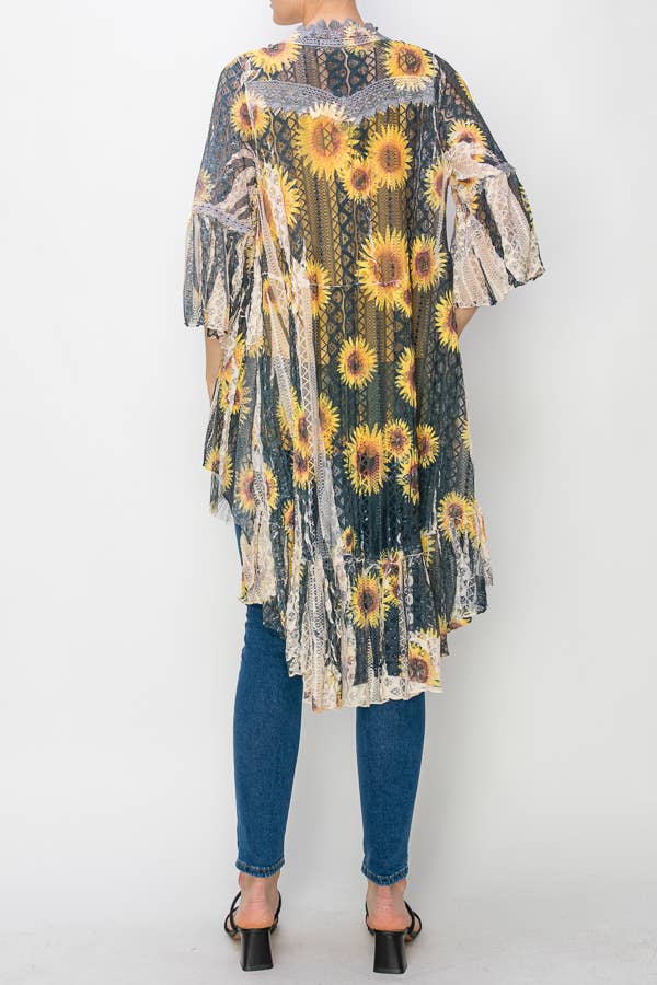 Black tiered high-low lace kimono cardigan with sunflower motif, photo 4 of 4