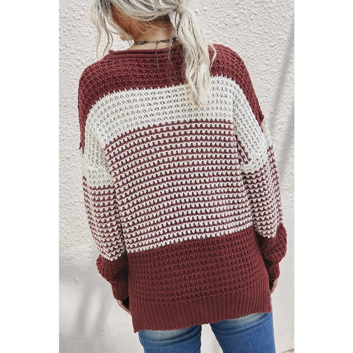 Color Block Knit Long Sleeves Sweater: Rust