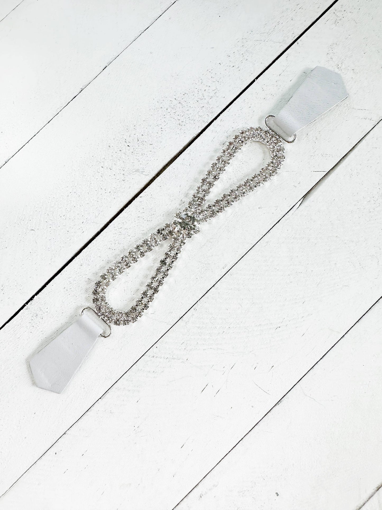 Rhinestones & White Leather Cinch Clip for Dresses, Clothes
