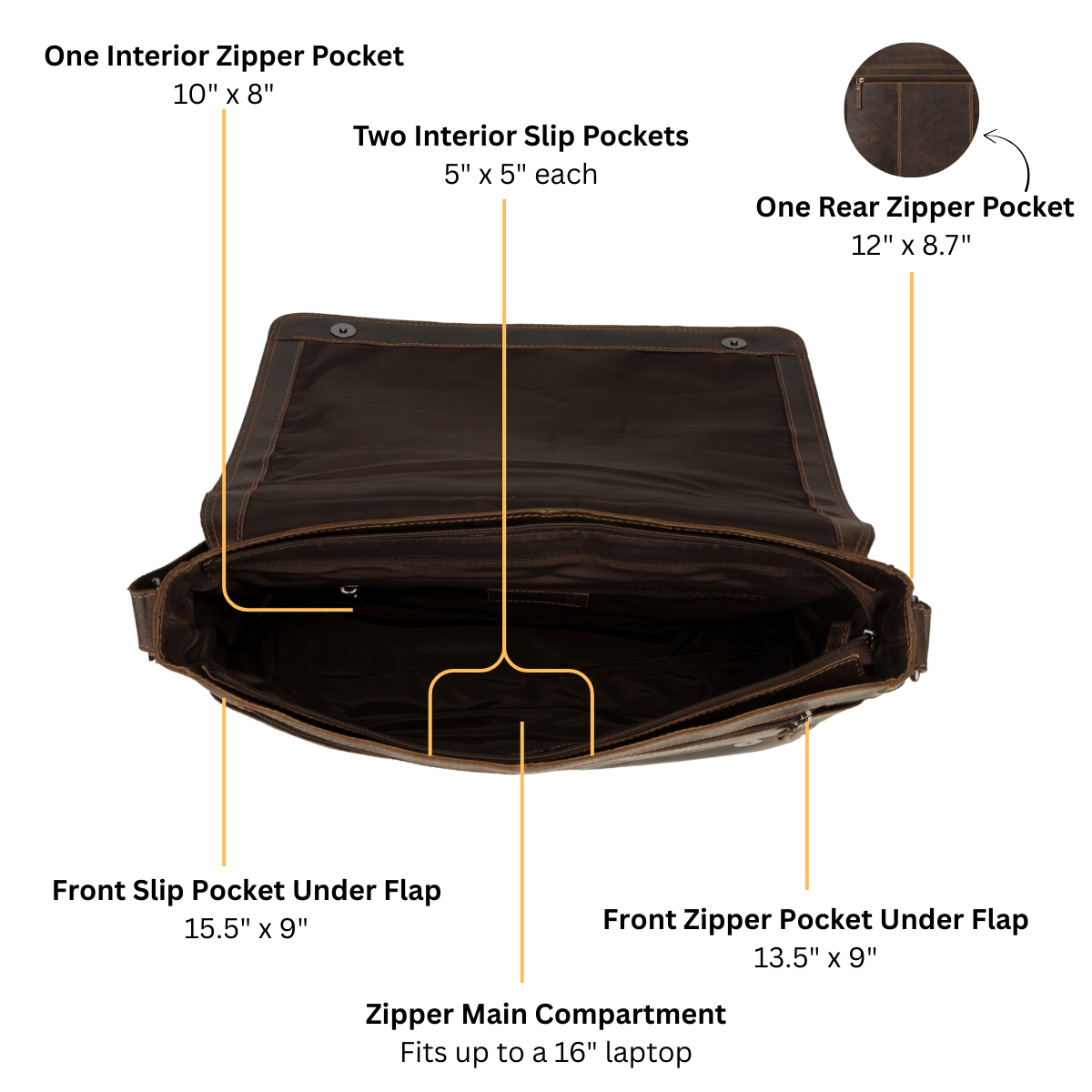 Richmond Full Grain Leather Laptop Messenger Bag 16 Inch for Men,  Work Bag, Brown