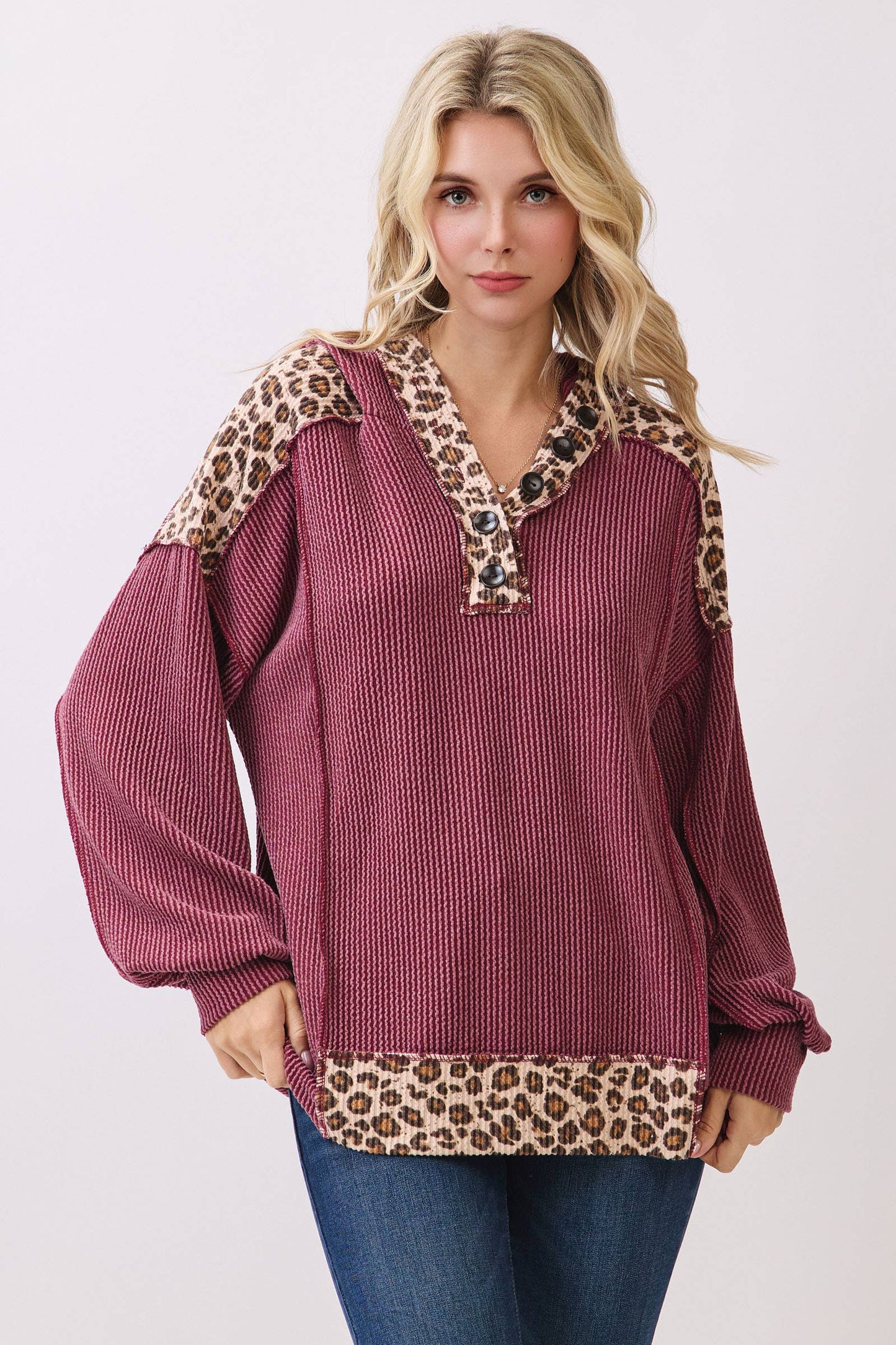 Leopard Contrast Button Front Hooded Sweatshirt ~ Burgundy