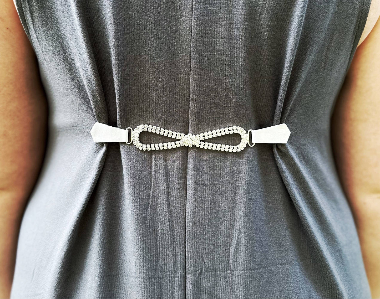Rhinestones & White Leather Cinch Clip for Dresses, Clothes
