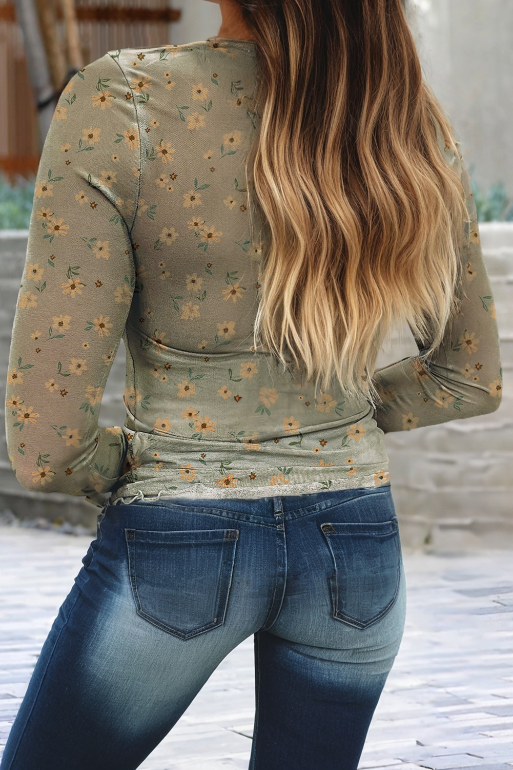 Vintage Floral Print Southern Style Mesh Long Sleeve Top: Laurel Green