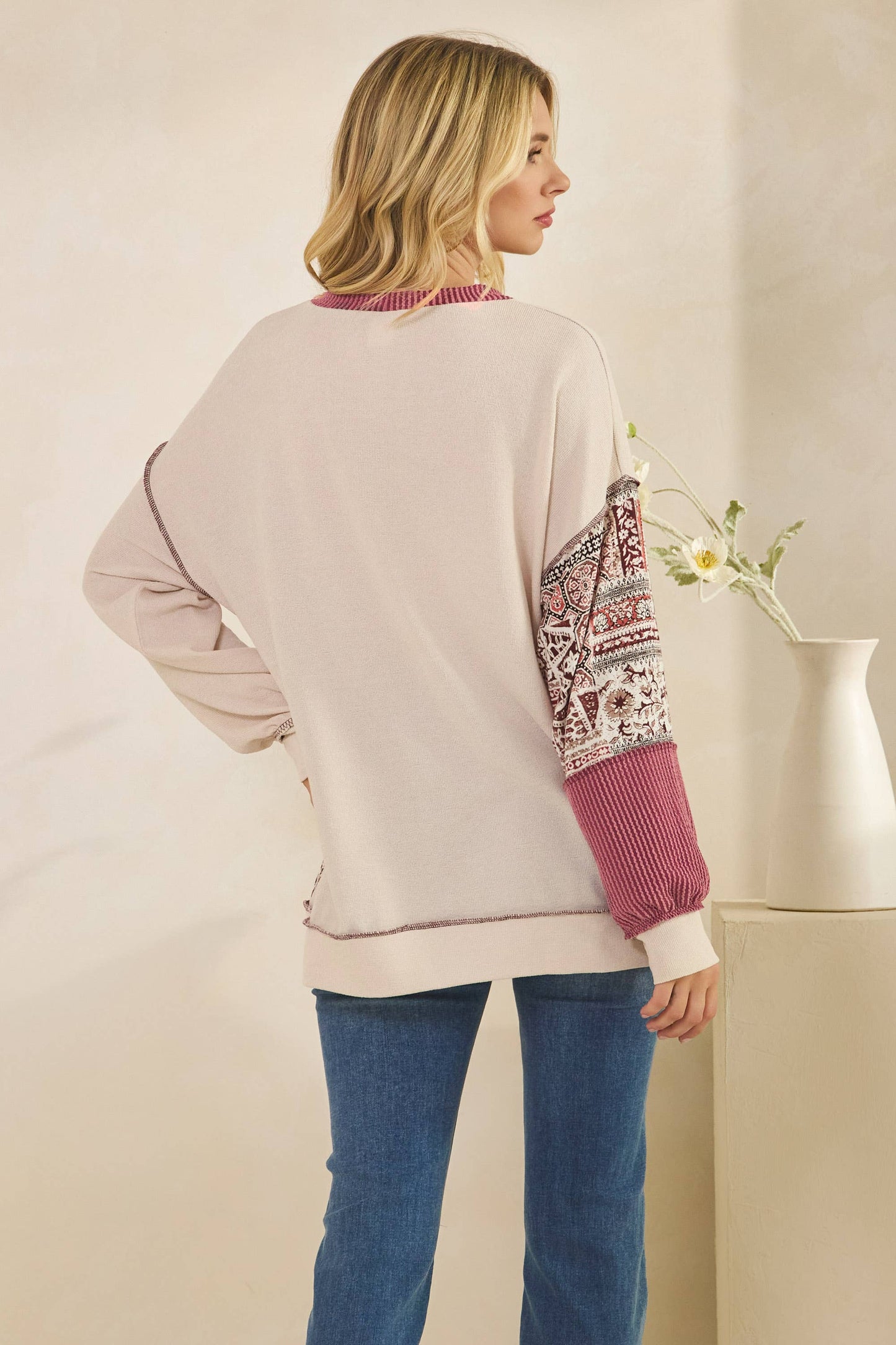 Patchwork Knit Long Sleeve Pullover Top
