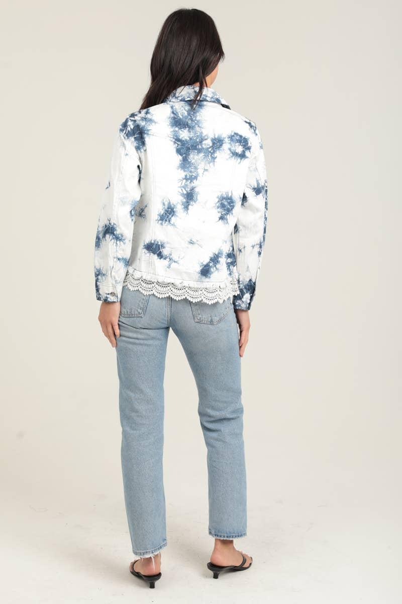 BLEACH TIE DYE WASH DENIM JACKET WITH LACE HEM