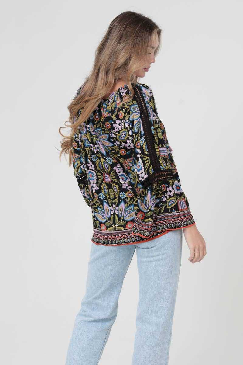 Lace Trim Bell Sleeve Printed Blouse