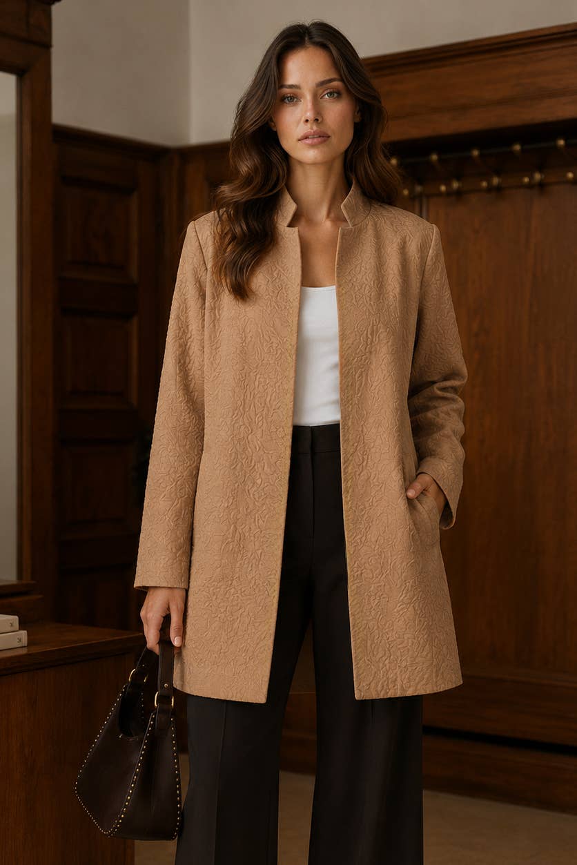 Caramel jacquard midi coat with woven texture and structured silhouette