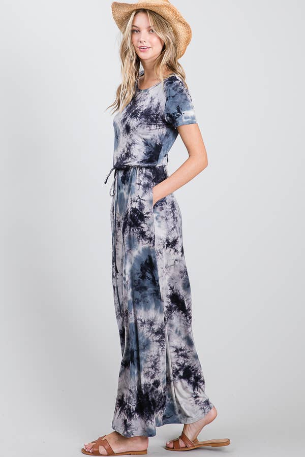 Casual Tie Dye Drawstring Waist Short Sleeve Maxi Dress: Charcoal / Blue