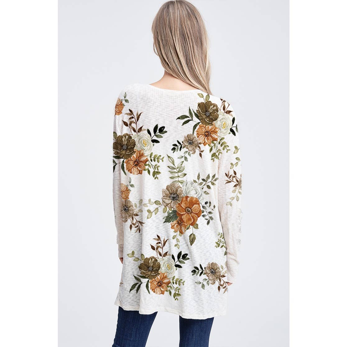 Fall Floral print rib long sleeve cardigan : GREY