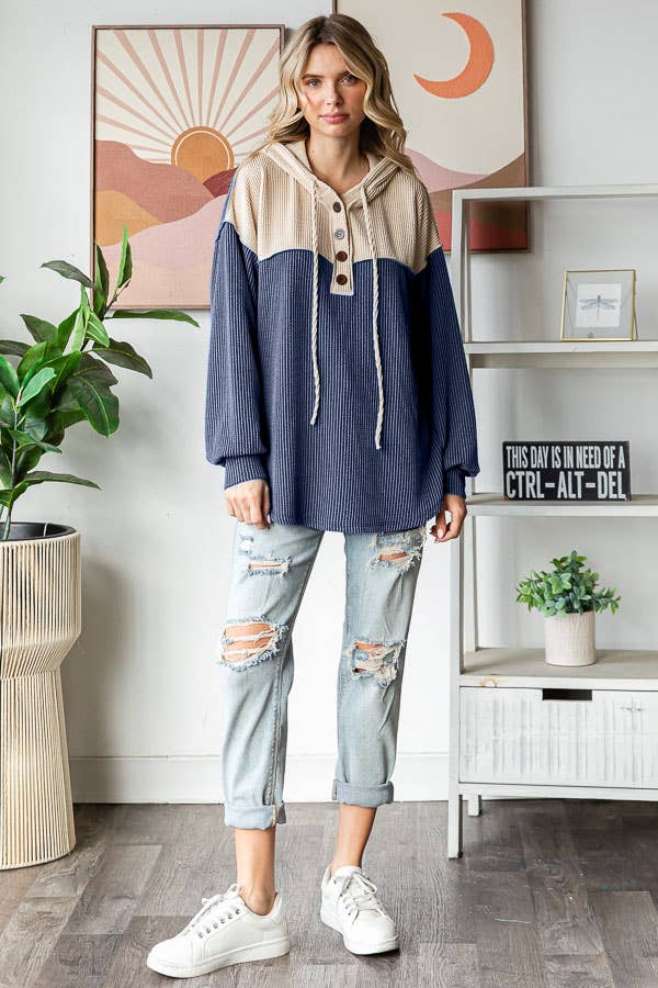 Ribbed Balloon Sleeve Button Front Drawstring Hoodie: Navy