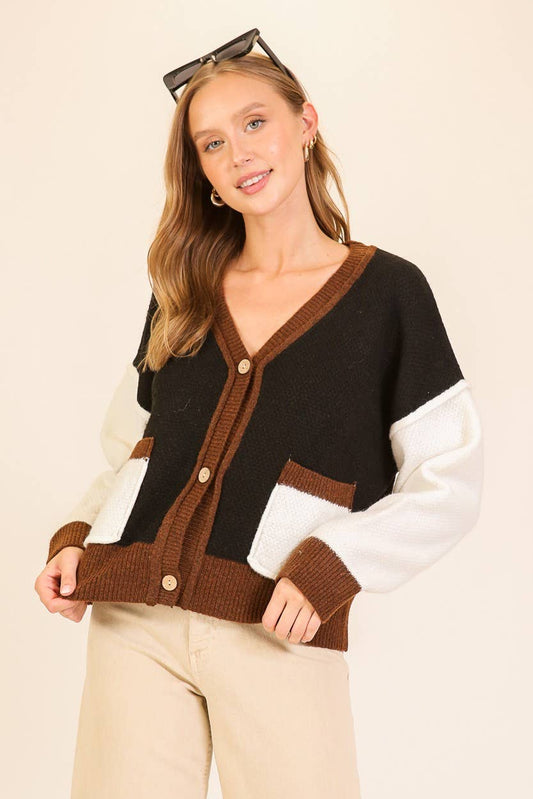 Soft Girl Vibes Color Block Cardigan 2: Black/Mocha/Ivory / S