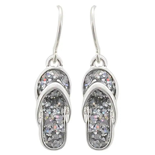 Silver Glitter Flip Flop Sandal Dangle Earrings