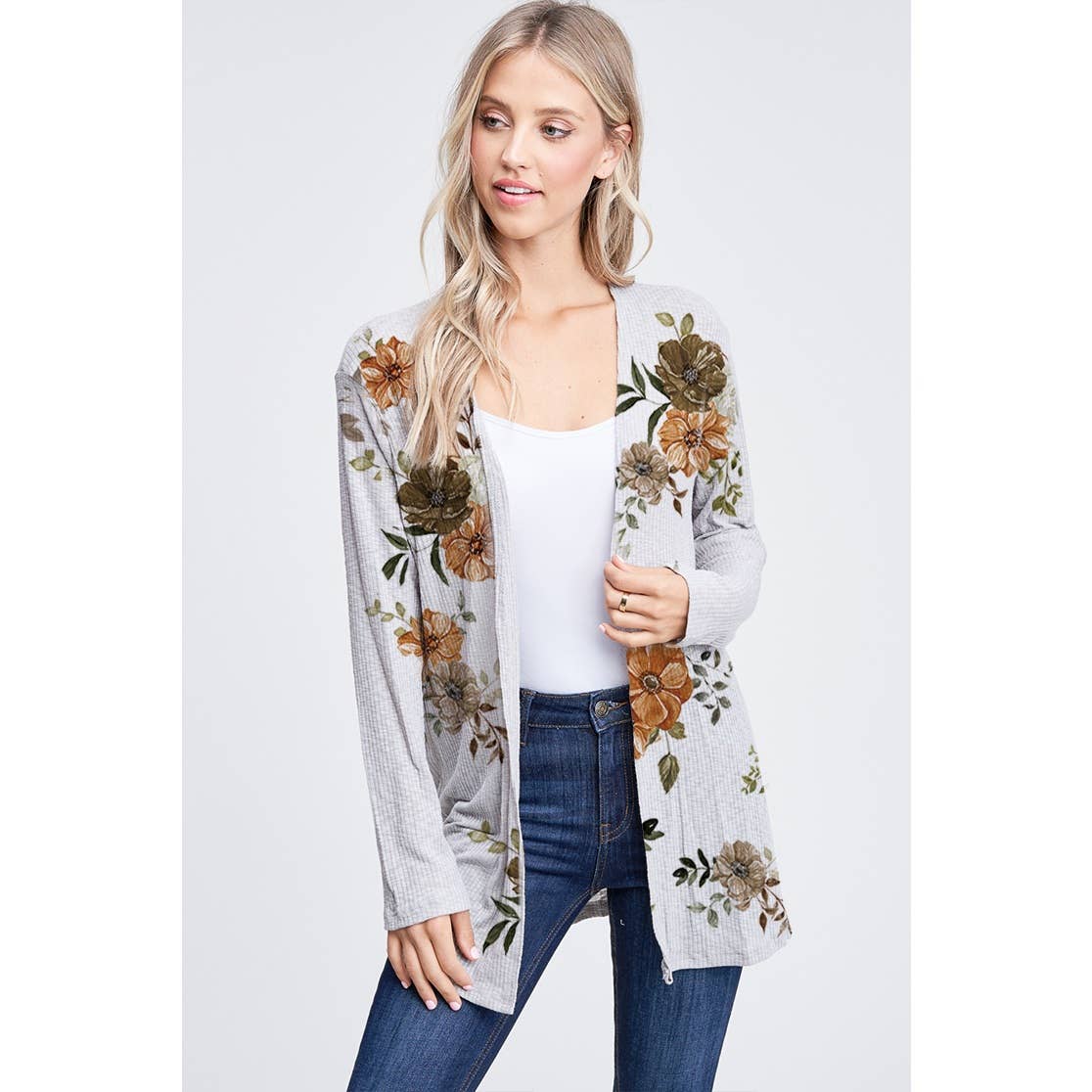 Fall Floral Rib-Knit Long Sleeve Cardigan - Grey, photo 1 of 12