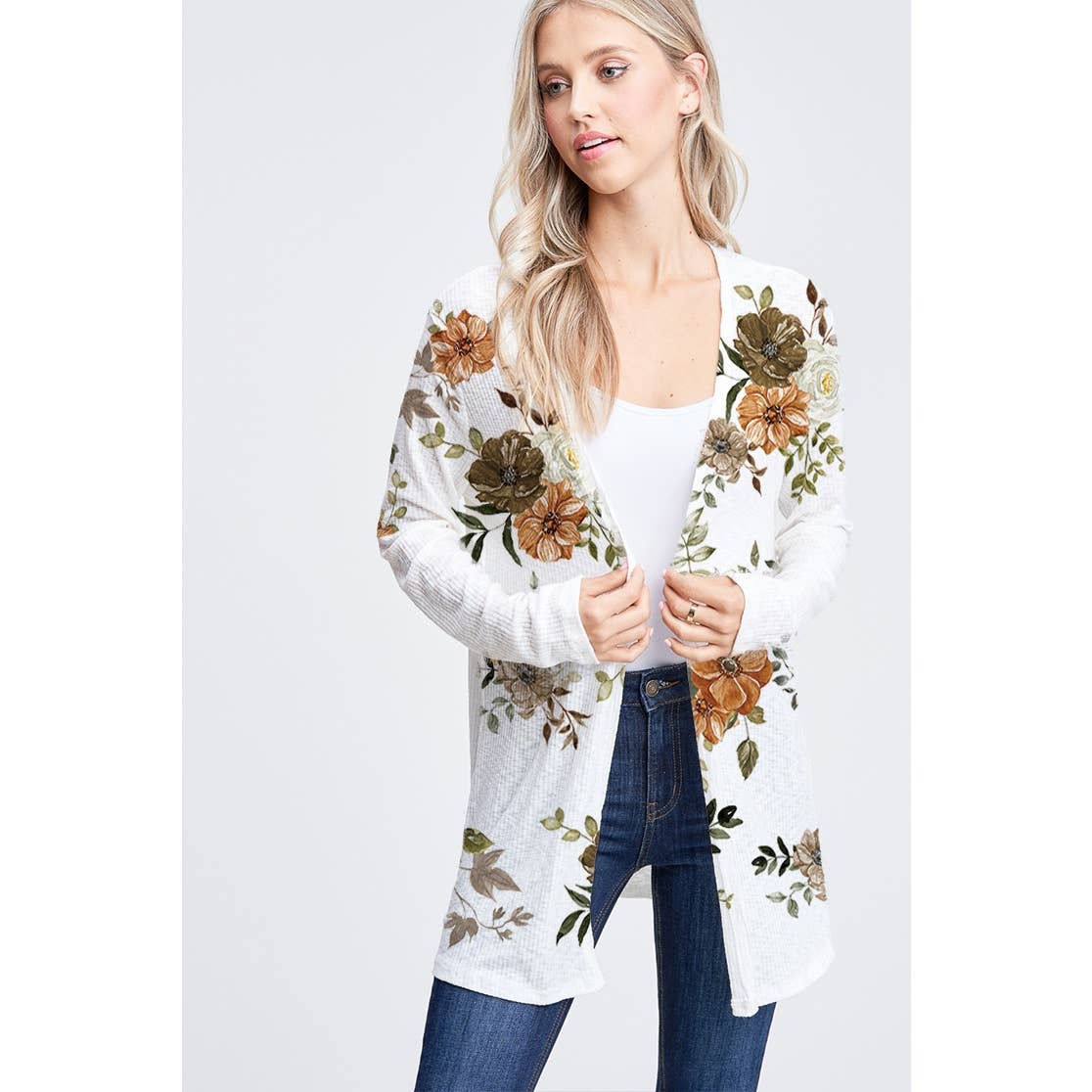 Fall Floral Rib-Knit Long Sleeve Cardigan - Grey, photo 2 of 12