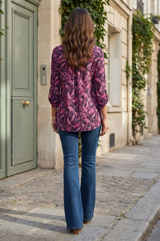 Navy and pink fall print Lizzy top with mandarin collar, photo 2 of 2