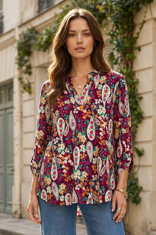 Wine red fall print Lizzy top with mandarin collar and 3/4-length sleeves
