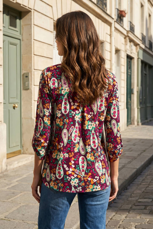 Wine red fall print Lizzy top with mandarin collar, photo 2 of 2