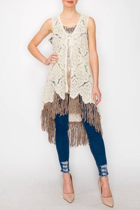 HIGH LOW CROCHET VEST WITH FAUX SUEDE FRINGE