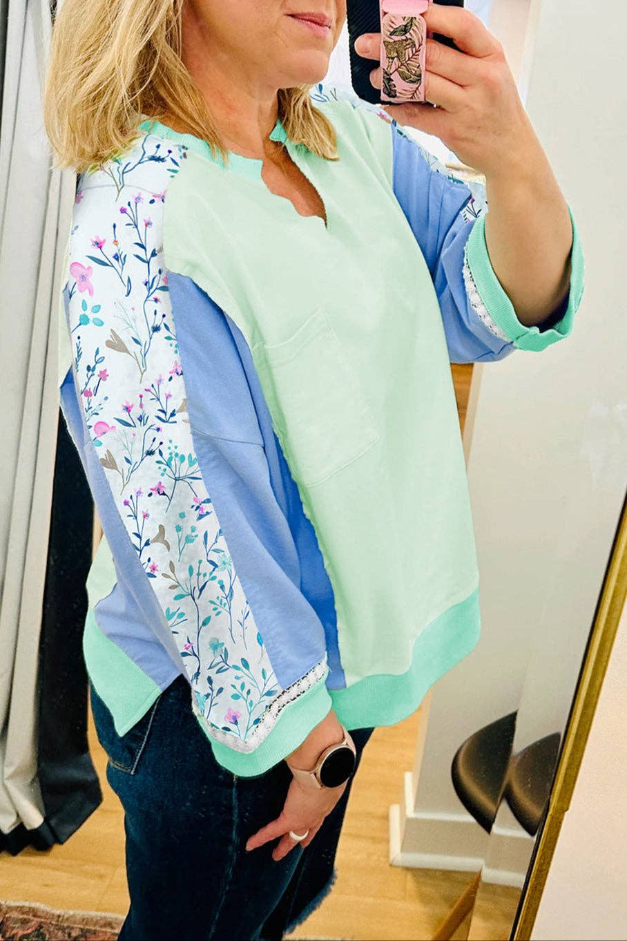 Plus Size Colorblock Floral Long Sleeve Top