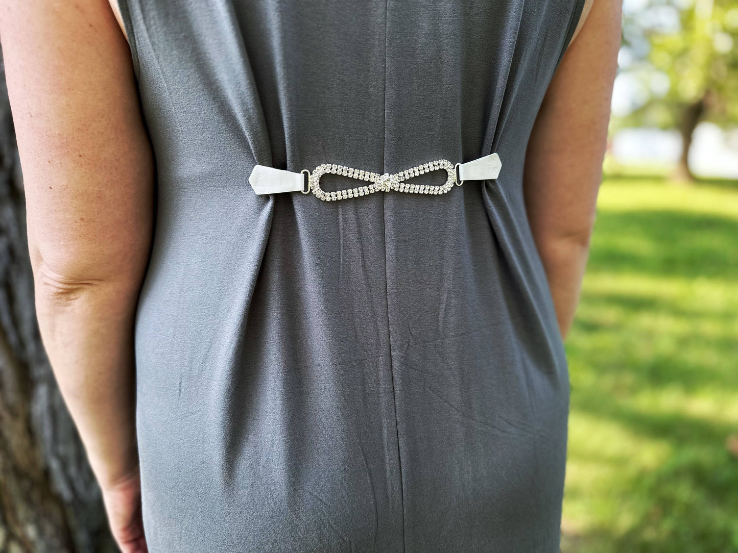 Rhinestones & White Leather Cinch Clip for Dresses, Clothes