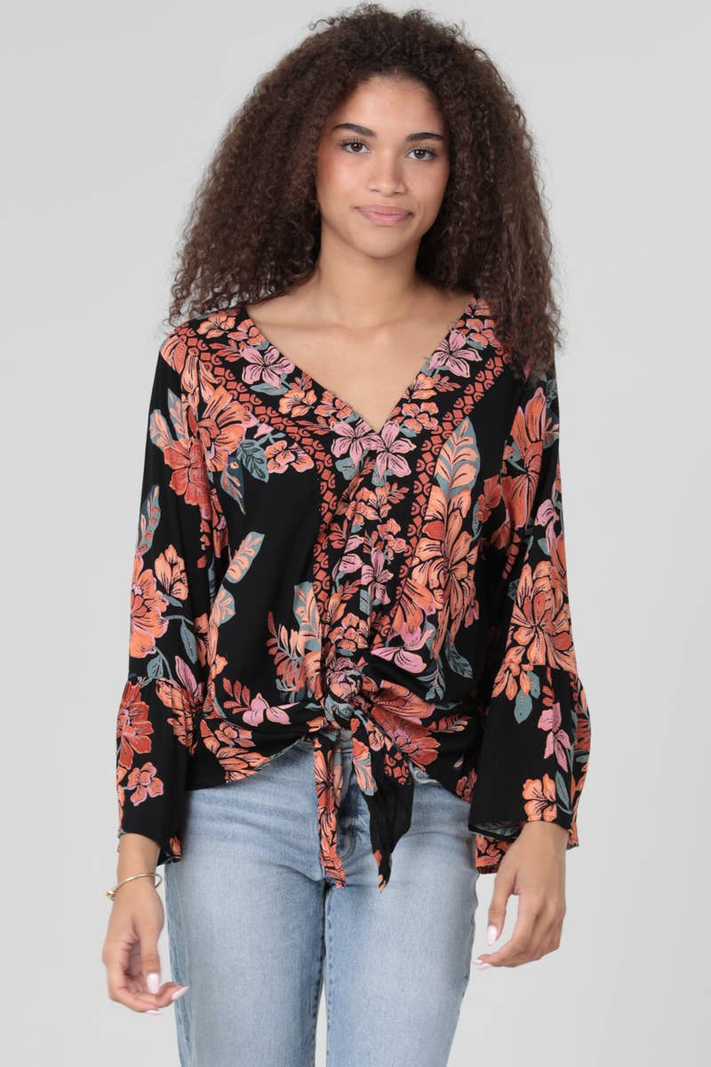 Black Floral V-Neck Twist Front Tie Waist Blouse