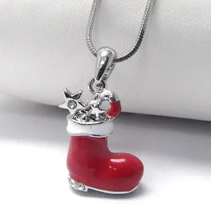 Stuffed Christmas Stocking Pendant 17" White Gold Plated