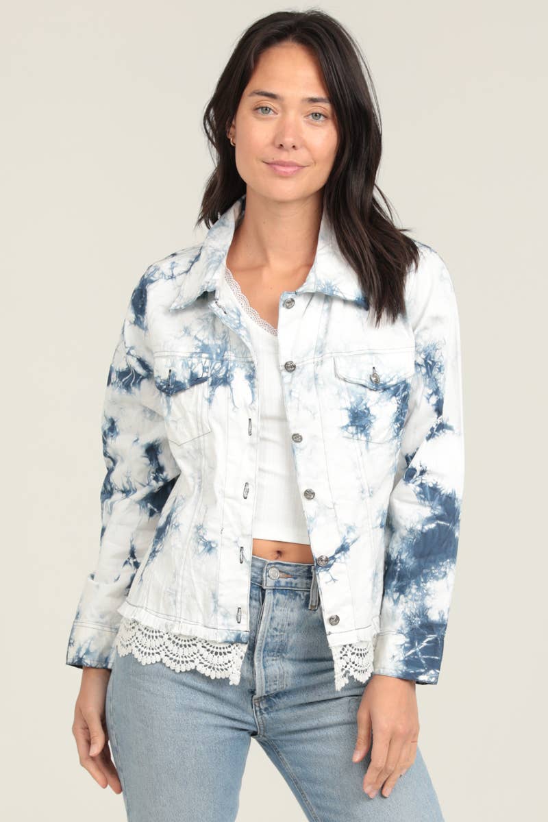 BLEACH TIE DYE WASH DENIM JACKET WITH LACE HEM