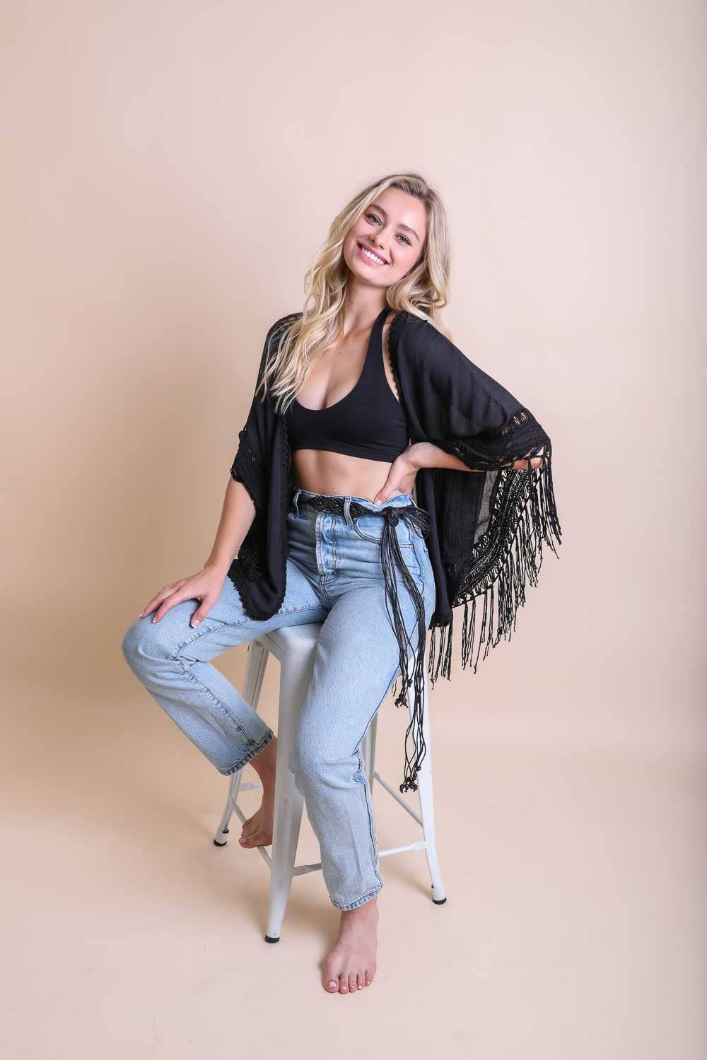 Crochet-Back Tasseled Boho Kimono - Black, photo 2 of 3