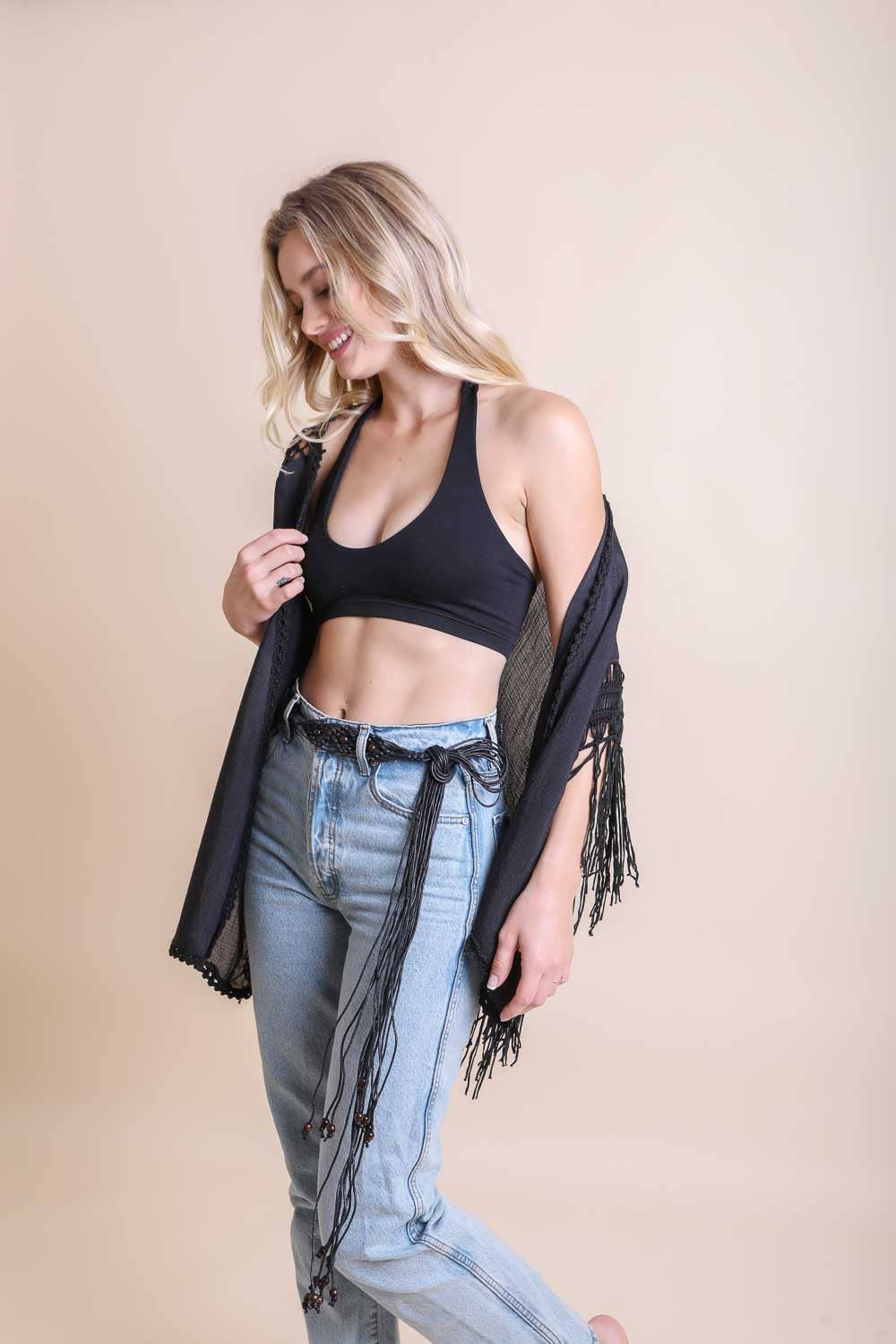 Crochet-Back Tasseled Boho Kimono - Black, photo 3 of 3