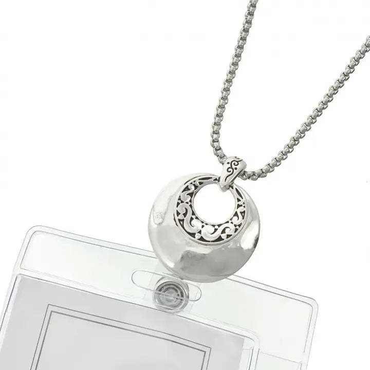 Filigree Open Circle Hammered Metal ID Holder & Necklace, photo 1 of 2
