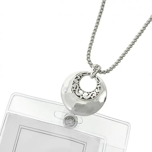 Filigree Open Circle Hammered Metal ID Holder & Necklace, photo 1 of 2