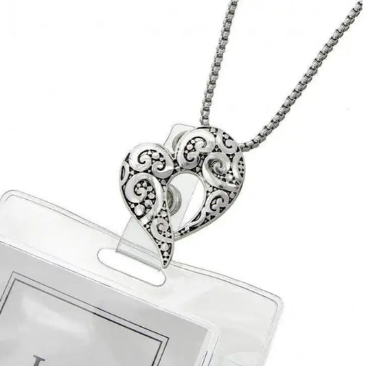 Filigree Open Heart Metal ID Holder & Necklace, photo 1 of 2