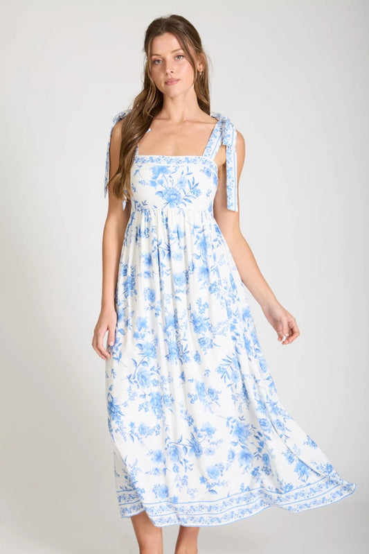Floral Border Empire Waist Tie-Strap Midi Dress - Blue
