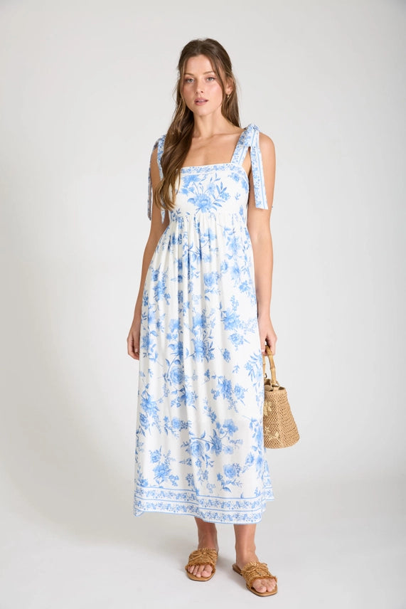 Floral Border Empire Waist Tie-Strap Midi Dress - Blue, photo 2 of 4