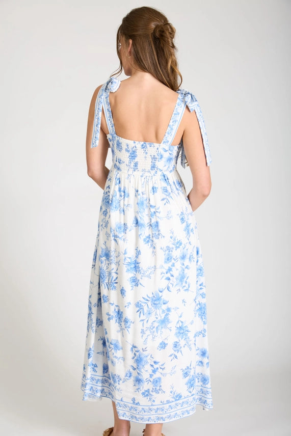 Floral Border Empire Waist Tie-Strap Midi Dress - Blue, photo 3 of 4