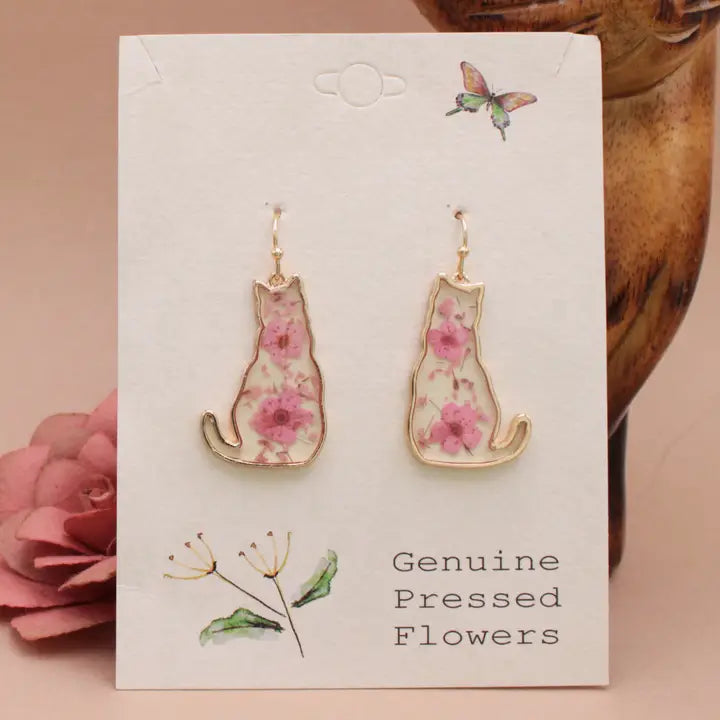 Cat-shaped earrings with real dried flowers, Floral Friend collection