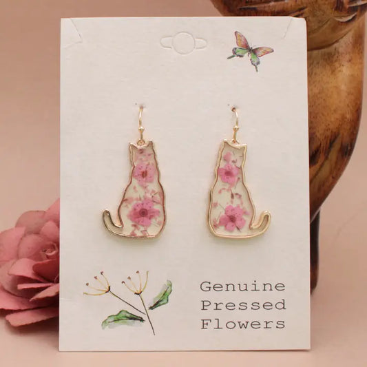 Cat-shaped earrings with real dried flowers, Floral Friend collection