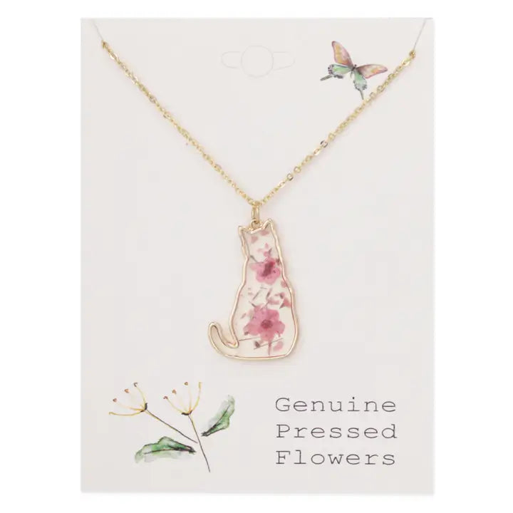 Cat-shaped pendant necklace with real dried flowers, Floral Friend collection