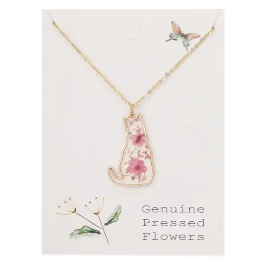 Cat-shaped pendant necklace with real dried flowers, Floral Friend collection