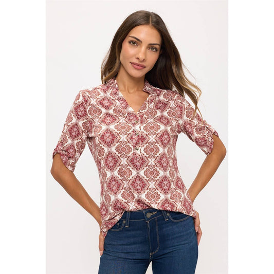 Floral Mandarin Collar Half-Placket Roll-Tab Shirt - Ivory, Burgundy & Taupe, photo 2 of 4